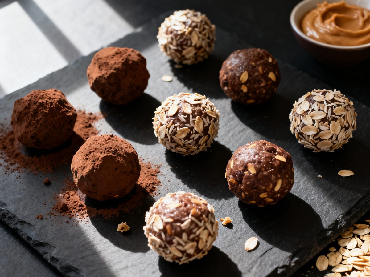 Chocolate protein balls on dark slate, half rolled in oats and half dusted with cocoa, beside a bowl of peanut butter